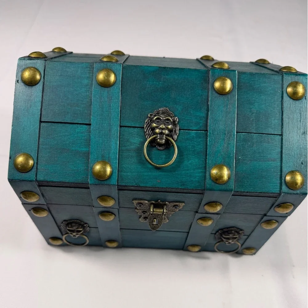 Teal Wood Treasure Chest Lion Head Studded Trunk with Combination Lock